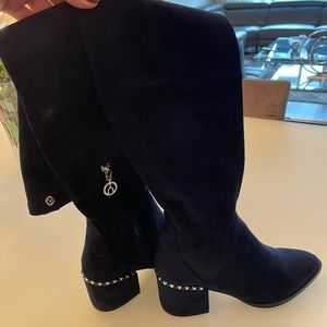 Like new Wishbone above knee suede boots - Navy blue w. silver hardware, size 7.